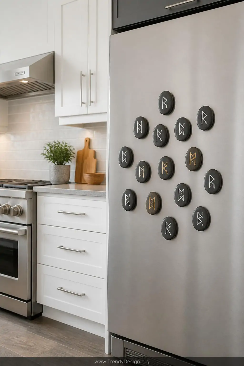 Smooth dark river stones painted with white and gold rune symbols arranged on a pale gray kitchen refrigerator surface with adhesive magnets attached, clean modern kitchen backdrop with stainless steel and matte white cabinetry, bright natural light, wide shot.