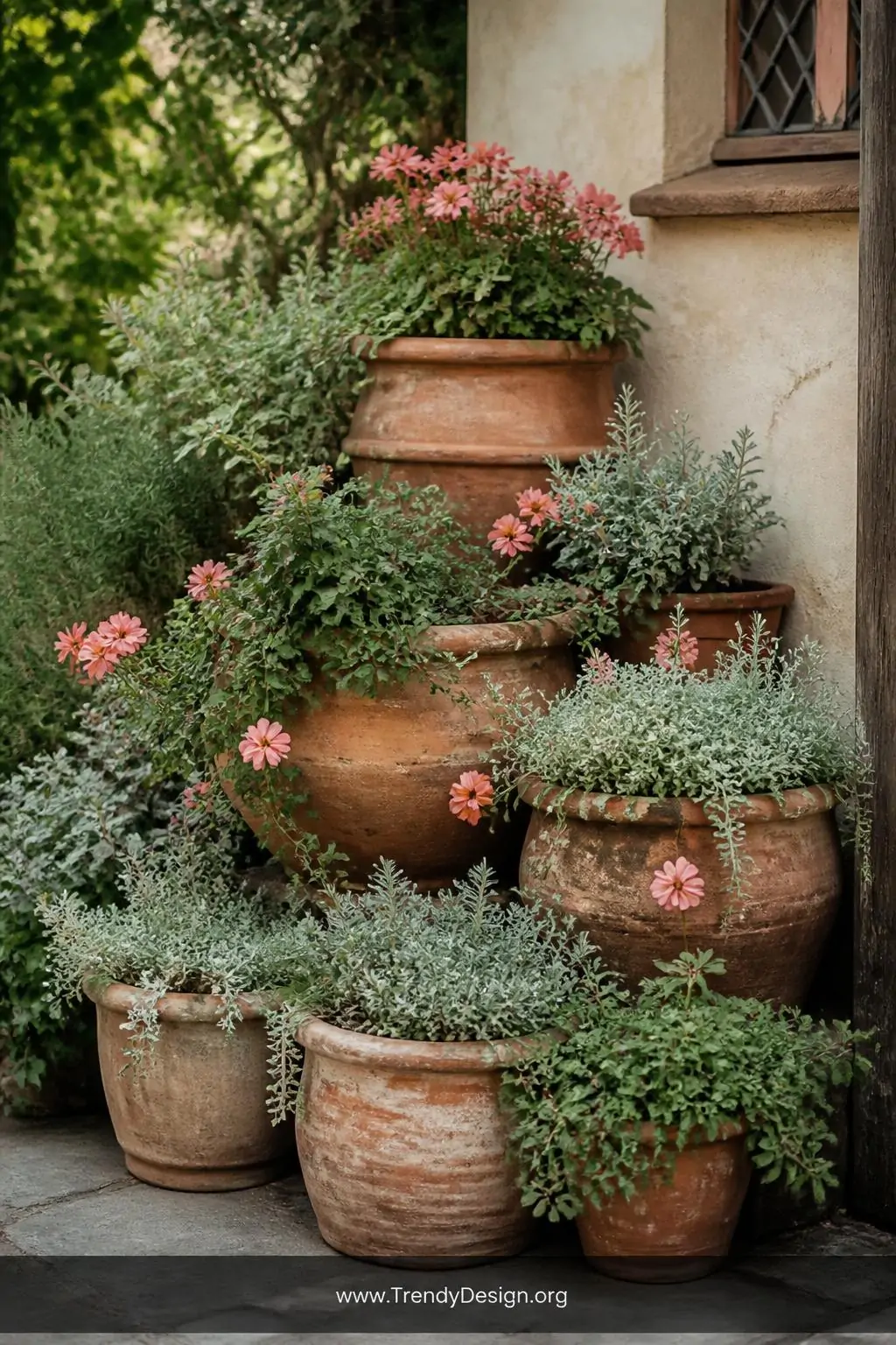 Cluster of aged terracotta pots in varying sizes stacked at different heights at a cottage garden border corner, spilling with trailing geraniums and silver herbs, warm ochre tones against soft green foliage, closeup shot, photorealistic garden photography.