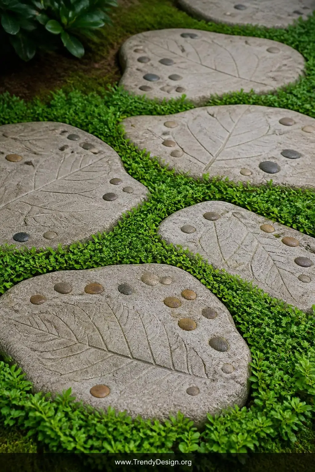 Handmade concrete stepping stones pressed with large skeleton leaves and embedded river pebbles, laid across a mossy lawn with emerald groundcover creeping between the organic irregular shapes, closeup shot, cool overcast natural light, photorealistic.
