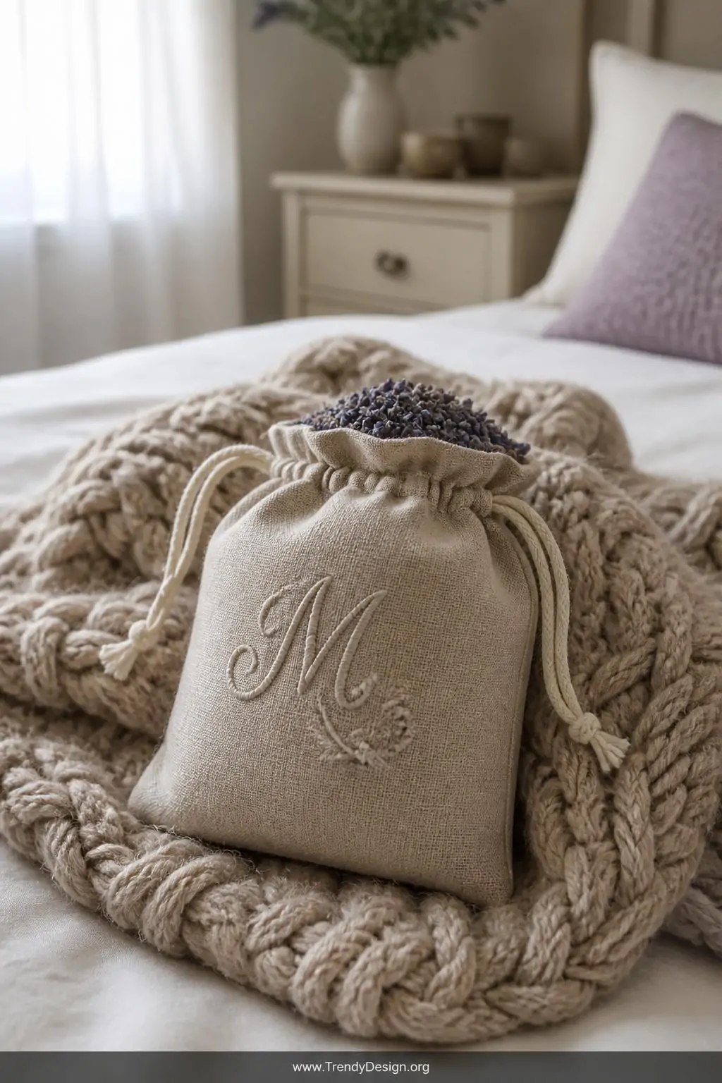 Small natural linen drawstring pouch with delicate embroidered monogram resting on a folded chunky knit throw on a bed, soft lavender sachet visible peeking out of the opening, gentle diffused morning light from a sheer-curtained window, closeup shot highlighting tactile fabric texture and loose thread detail, photorealistic interior design.