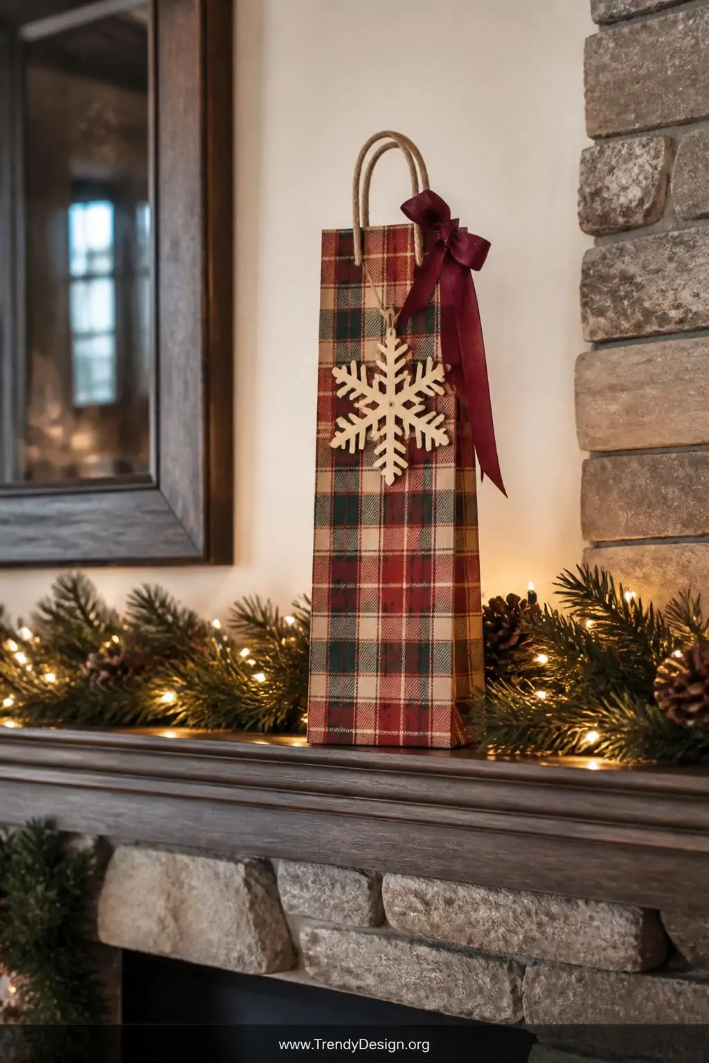 Plaid holiday wine gift bag with a wooden snowflake ornament and coordinating burgundy ribbon tied to the handle, arranged on a fireplace mantel with pine sprigs and fairy lights glowing warmly behind it, wide shot.