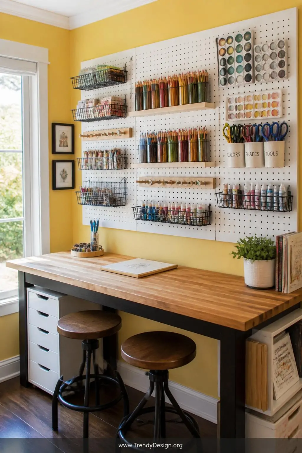 A bright white pegboard mounted on a buttercup yellow wall holds an organized array of metal baskets, wooden hooks, and small