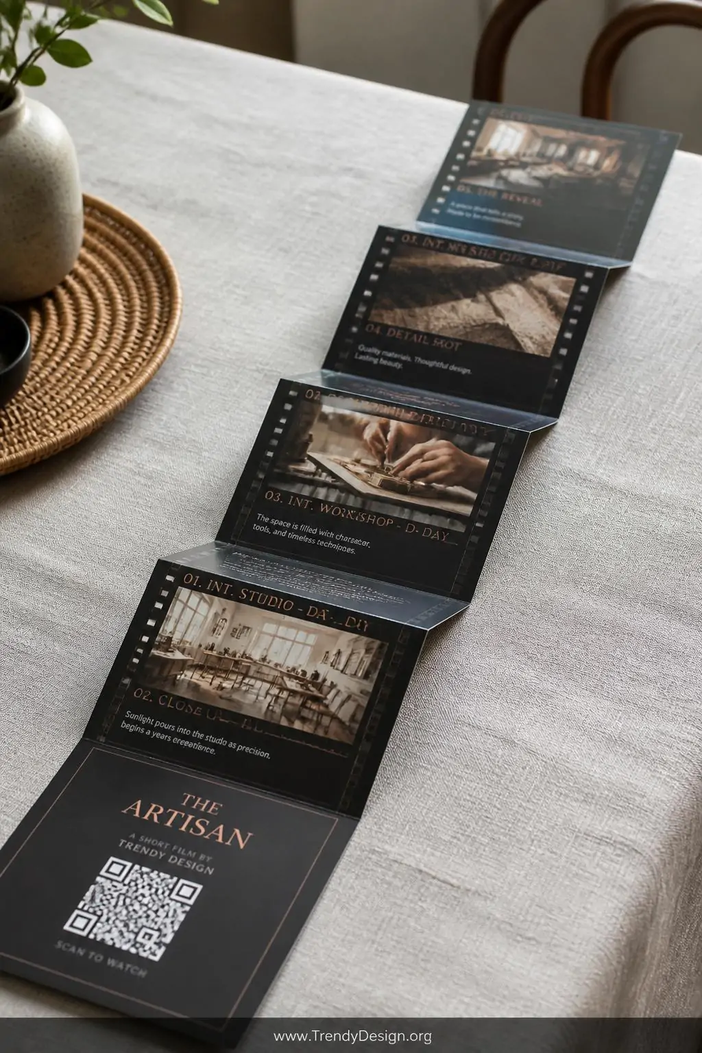 Glossy accordion-folded storyboard card unfolded dramatically on a light gray linen tablecloth, showing film-strip-style screenshot frames with captions and a printed QR code panel, lit by soft diffused daylight, closeup, photorealistic interior design