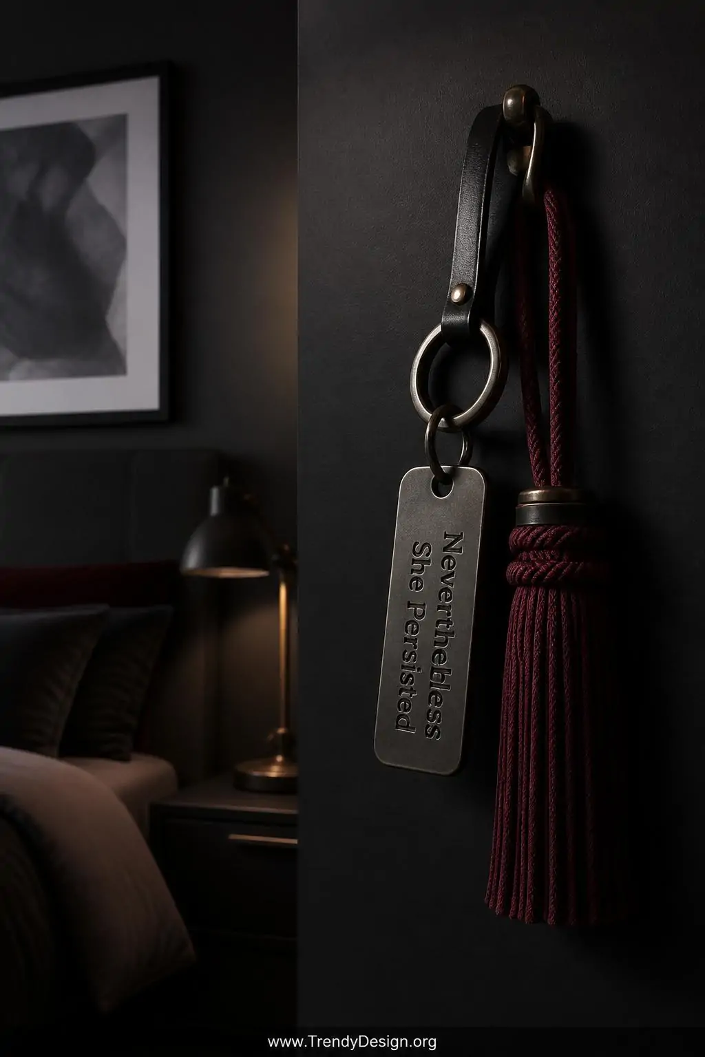 Dark gunmetal keychain with bold stamped lettering reading 