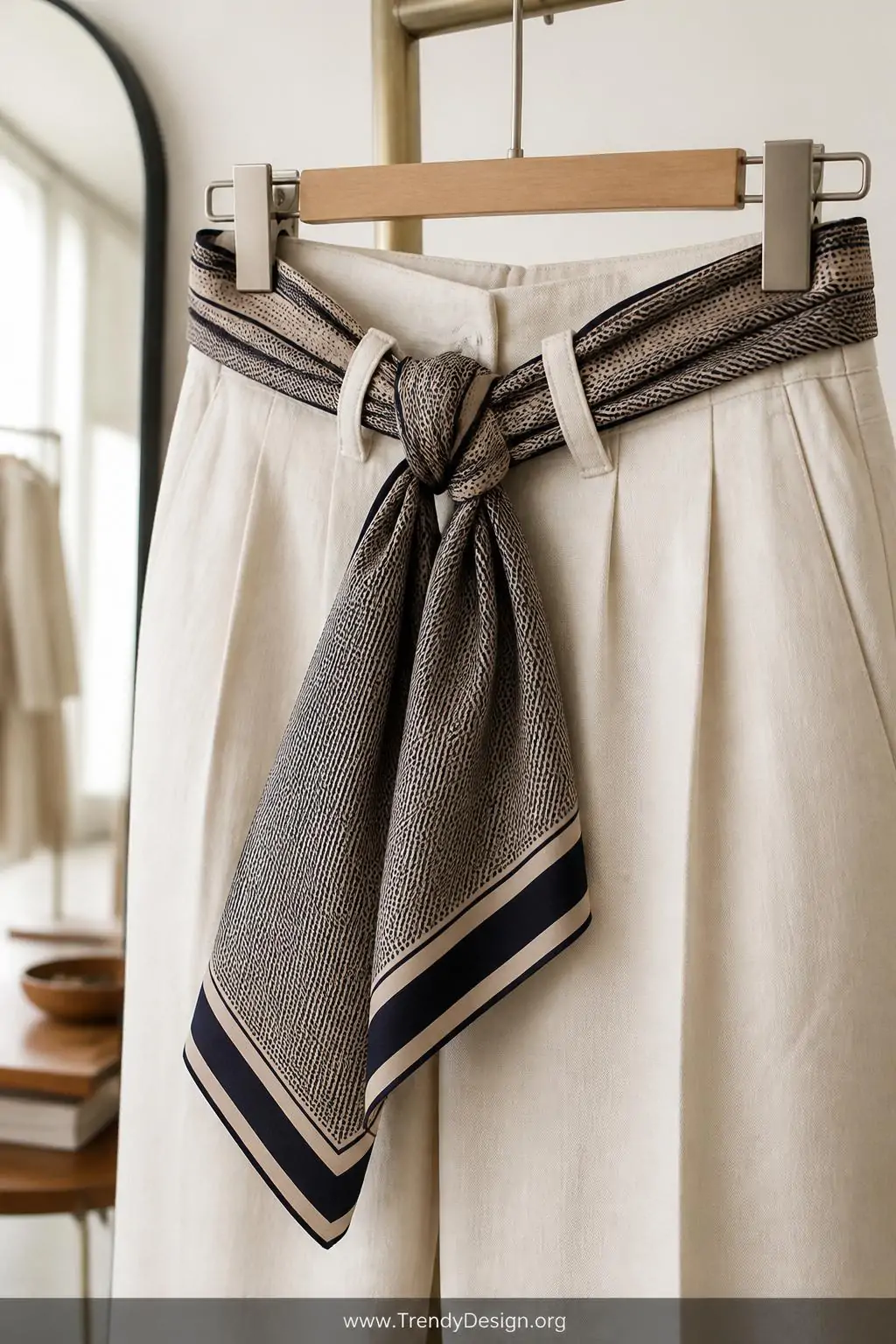 Wide silk necktie threaded as a statement belt through high-waisted cream linen trousers displayed on a clothing rack, bright diffused natural light, closeup of the pointed tie ends knotted at the front against crisp fabric in a minimalist dressing room.