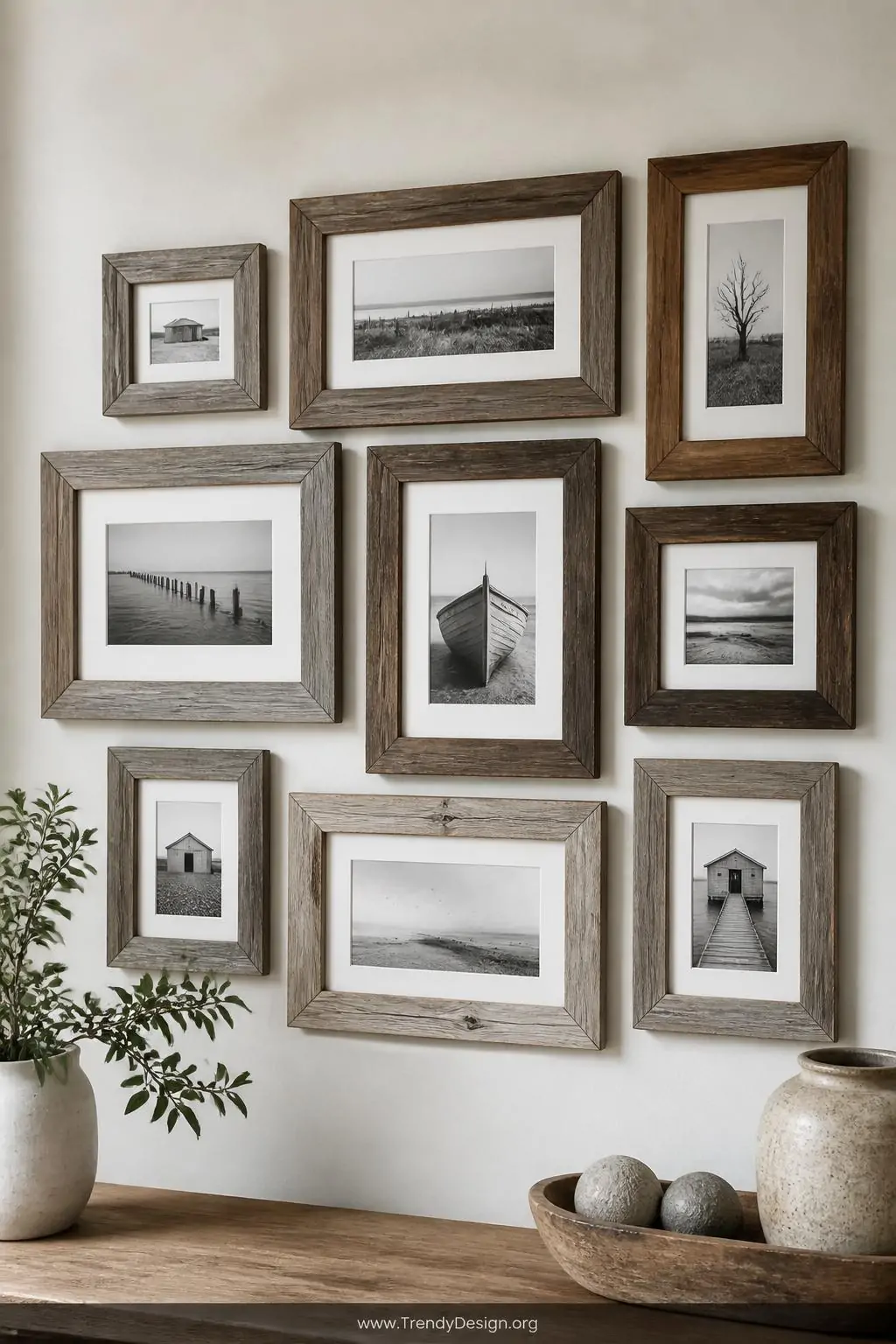 Gallery wall of mismatched reclaimed wood picture frames in varying weathered brown and driftwood grey tones holding black and white photography on a warm white wall, soft diffused natural light, medium shot.