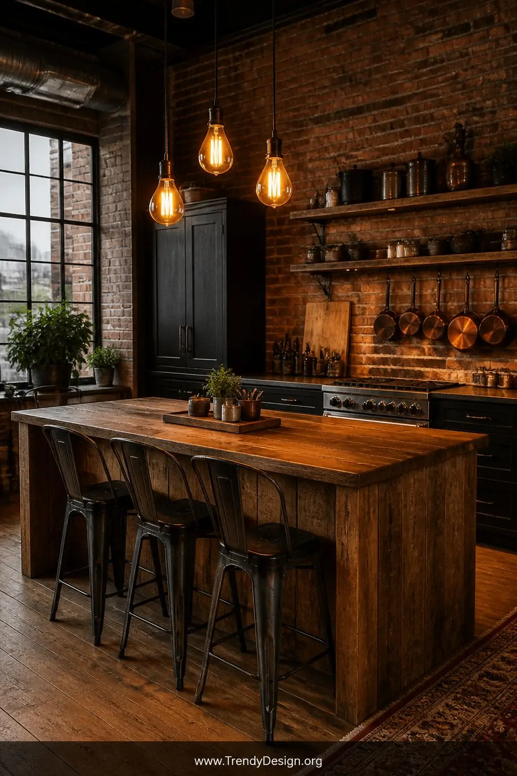 Three Edison bulb pendant lights hanging at varying cord lengths above a reclaimed wood kitchen island, casting warm amber filament glow across exposed brick walls, iron bar stools, and aged copper cookware, wide atmospheric shot.