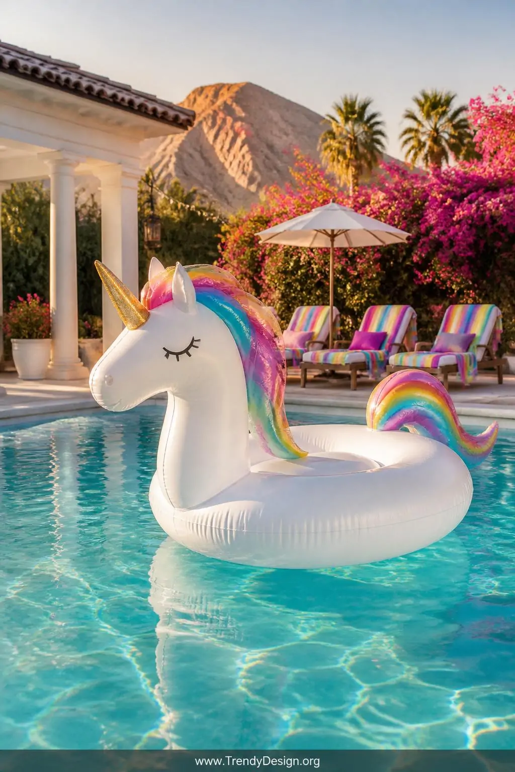 Oversized unicorn pool float in white with rainbow iridescent mane and glittery gold horn floating on shimmering aqua water, backyard fantasy pool setting, whimsical magical style, heavy-gauge vinyl surface catching late afternoon sunlight with rainbow towels draped over surrounding lounge chairs, wide shot