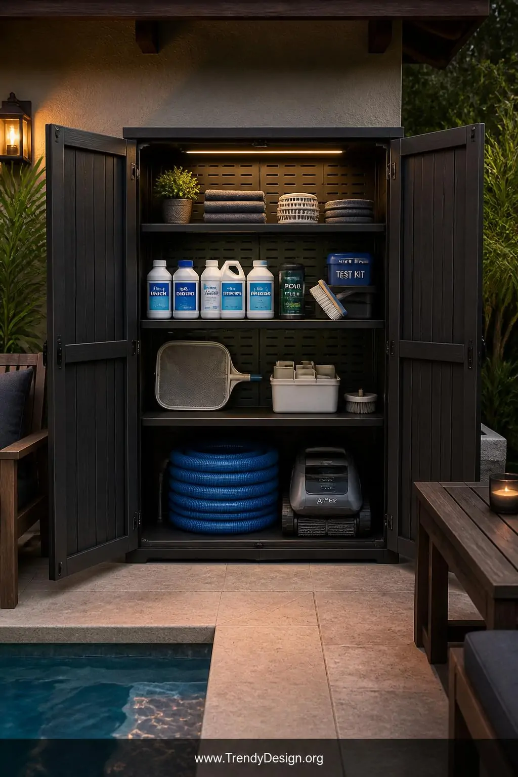 Sleek charcoal HDPE weatherproof outdoor storage cabinet with open double doors revealing neatly organized adjustable shelves of pool chemicals tools and accessories, dark matte finish matching surrounding outdoor teak furniture, ventilated back panel, soft warm evening patio lighting highlighting the polished cabinet interior, wide shot, photorealistic interior design.