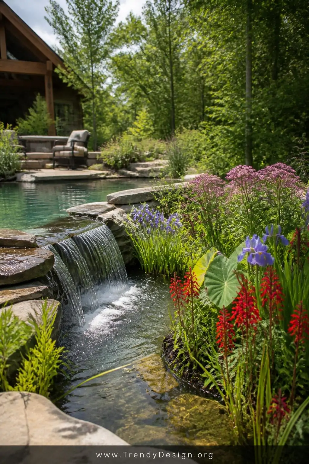 Overflow wetland garden bed receiving water from a natural pool edge in a sustainable backyard, lush living style, wide shot — a gently overflowing pool edge feeding into a richly planted wetland border bursting with deep red cardinal flowers, purple swamp milkweed, blue flag irises, and glossy taro leaves, under warm diffused midday light.