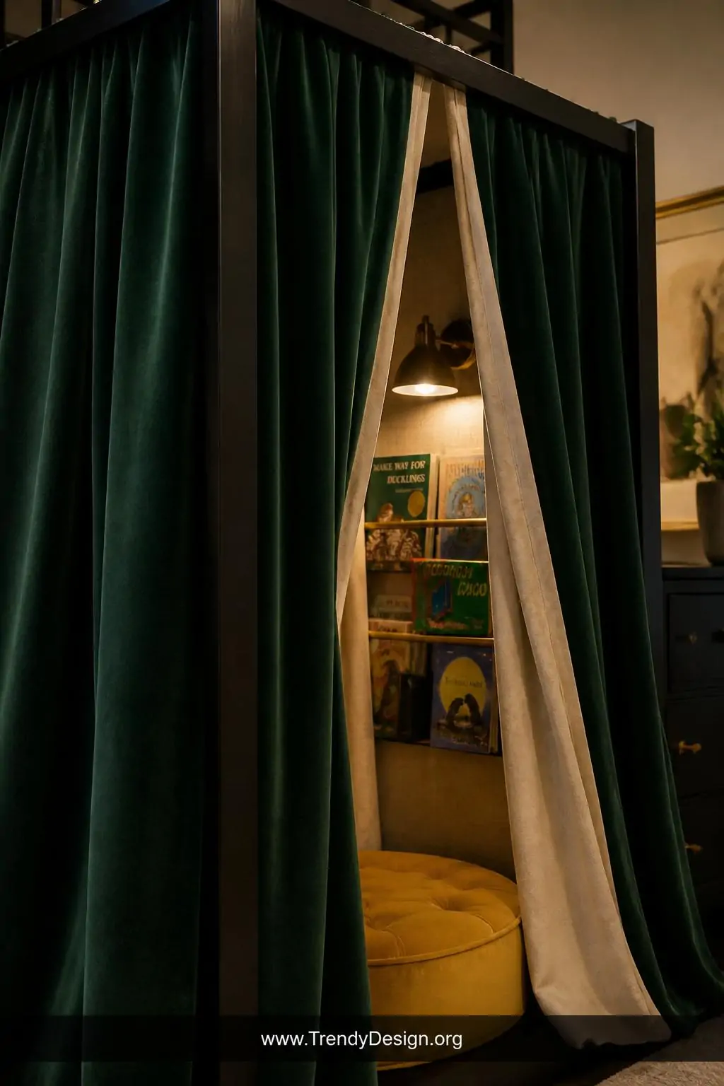 Photorealistic closeup interior shot focusing on a richly textured children's reading nook canopy constructed from floor-leng