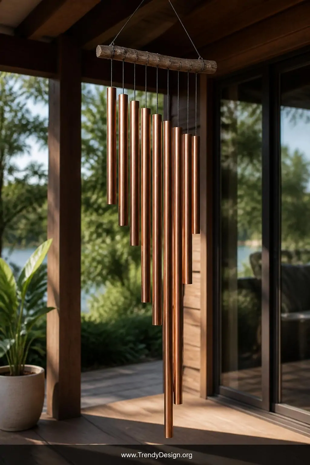 Copper pipe wind chime mobile with graduated pipe lengths suspended from a driftwood bar on a sunlit wooden porch, soft afternoon light catching each pipe segment in pale gold tones, medium shot.