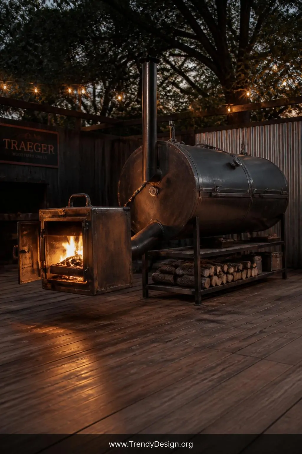 Offset side-mount firebox welded to a large steel drum smoker, backyard BBQ space, rugged industrial style, connecting pipe bridging firebox to drum chamber with rust-brown and slate-gray steel tones, late evening warm amber firelight spilling from the firebox door across a weathered wood deck, wide dramatic shot.
