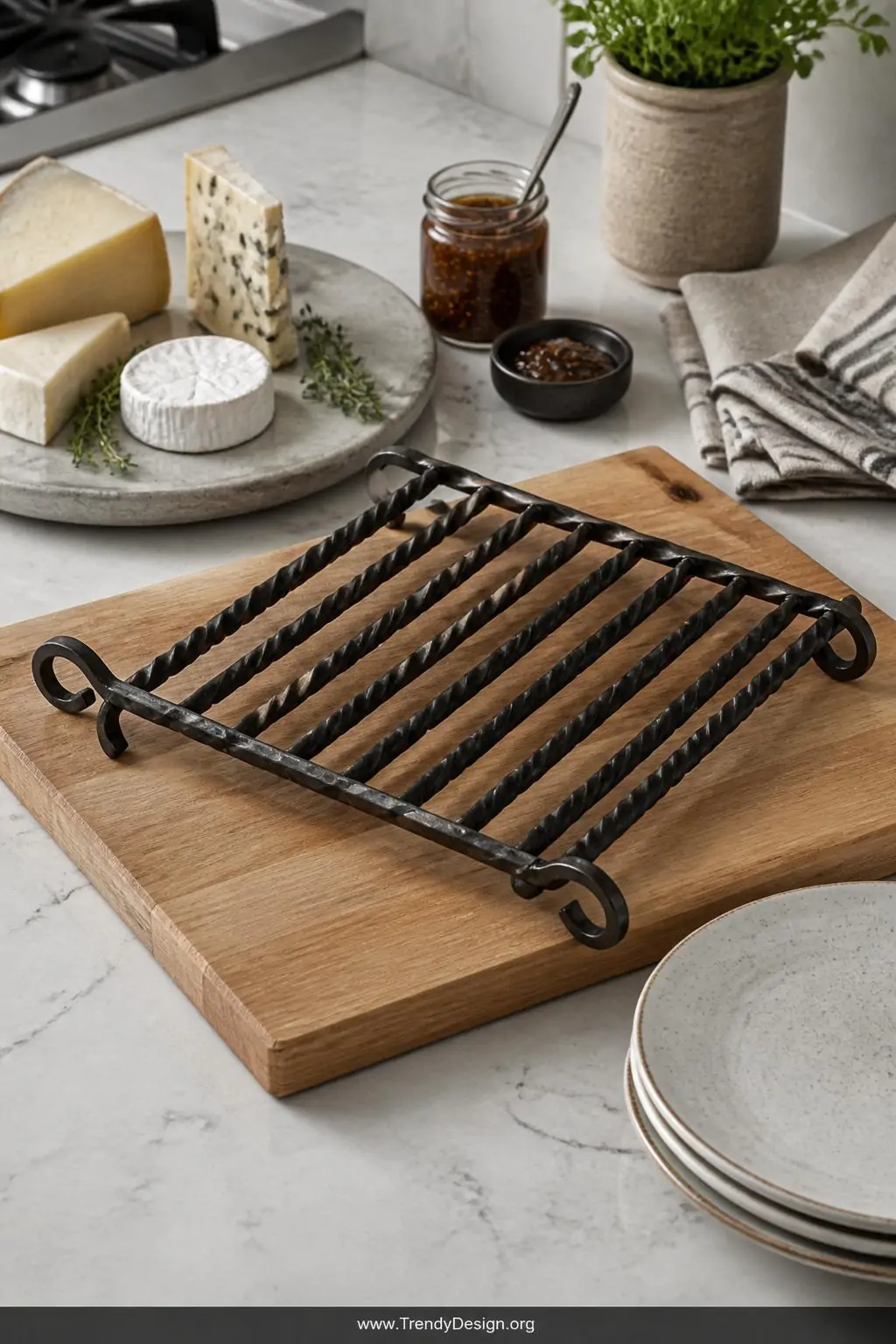 Hand-forged twisted steel trivet with an even grid of spiral rods styled on a thick maple serving board surrounded by artisan cheeses and linen napkins on a pale stone kitchen counter under soft overhead light, medium shot.