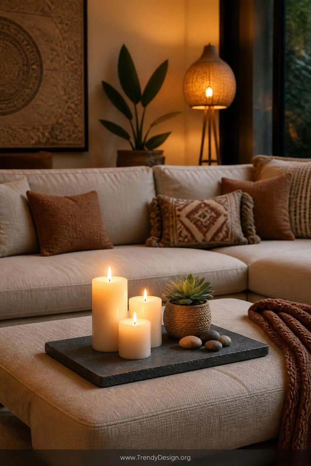 Flat slate display tray holding three pillar candles, a small succulent, and a smooth river stone cluster centered on a linen-upholstered coffee table, warm bohemian living room, flickering candlelight and soft floor lamp glow, wide shot, photorealistic interior design, no people.
