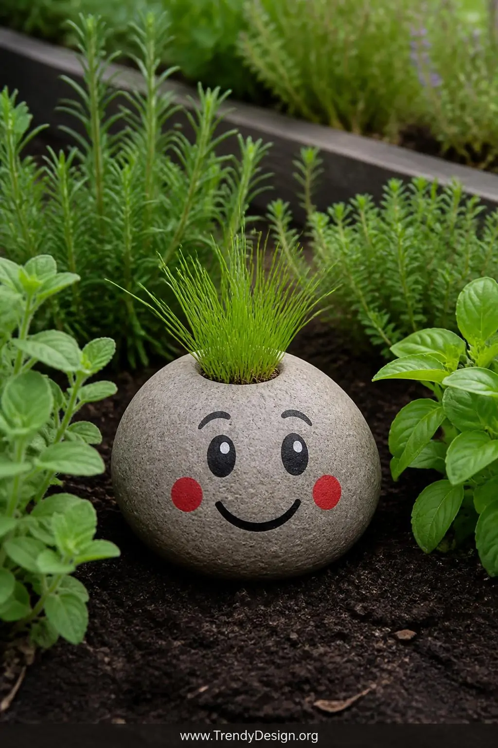 Smooth painted rock grass head garden marker with a cheerful red-cheeked face nestled among rich dark garden soil surrounded by green herb plants in an outdoor raised bed, soft natural daylight, a tiny perfect tuft of bright green grass sprouting from a hollow in the rock's crown, closeup shot.