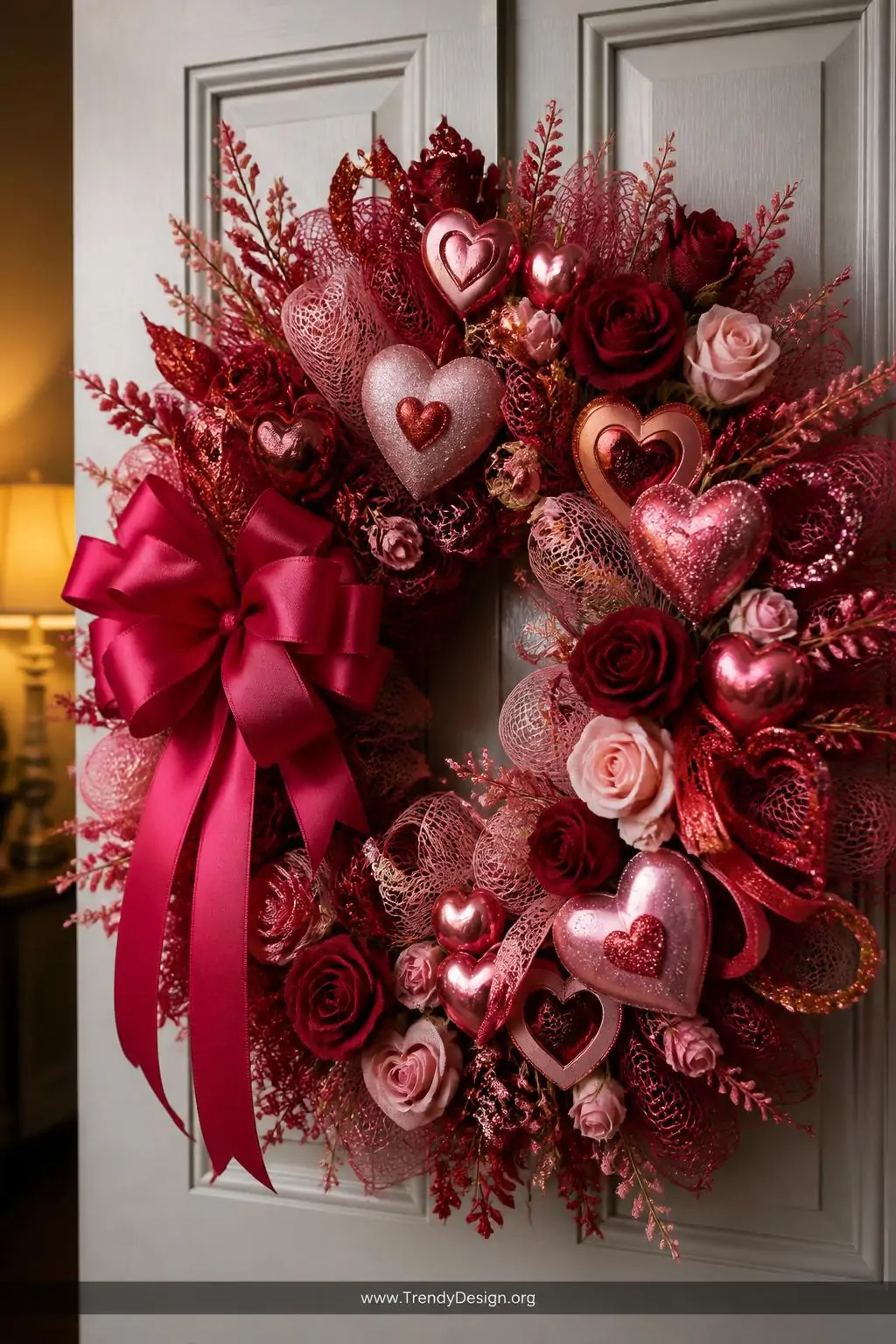 Deep red and blush pink deco mesh wreath layered with heart-shaped ornaments, faux rose picks, sparkly ribbon curls, and a large hot pink satin bow displayed on a light gray interior door, soft warm lamp glow, closeup.
