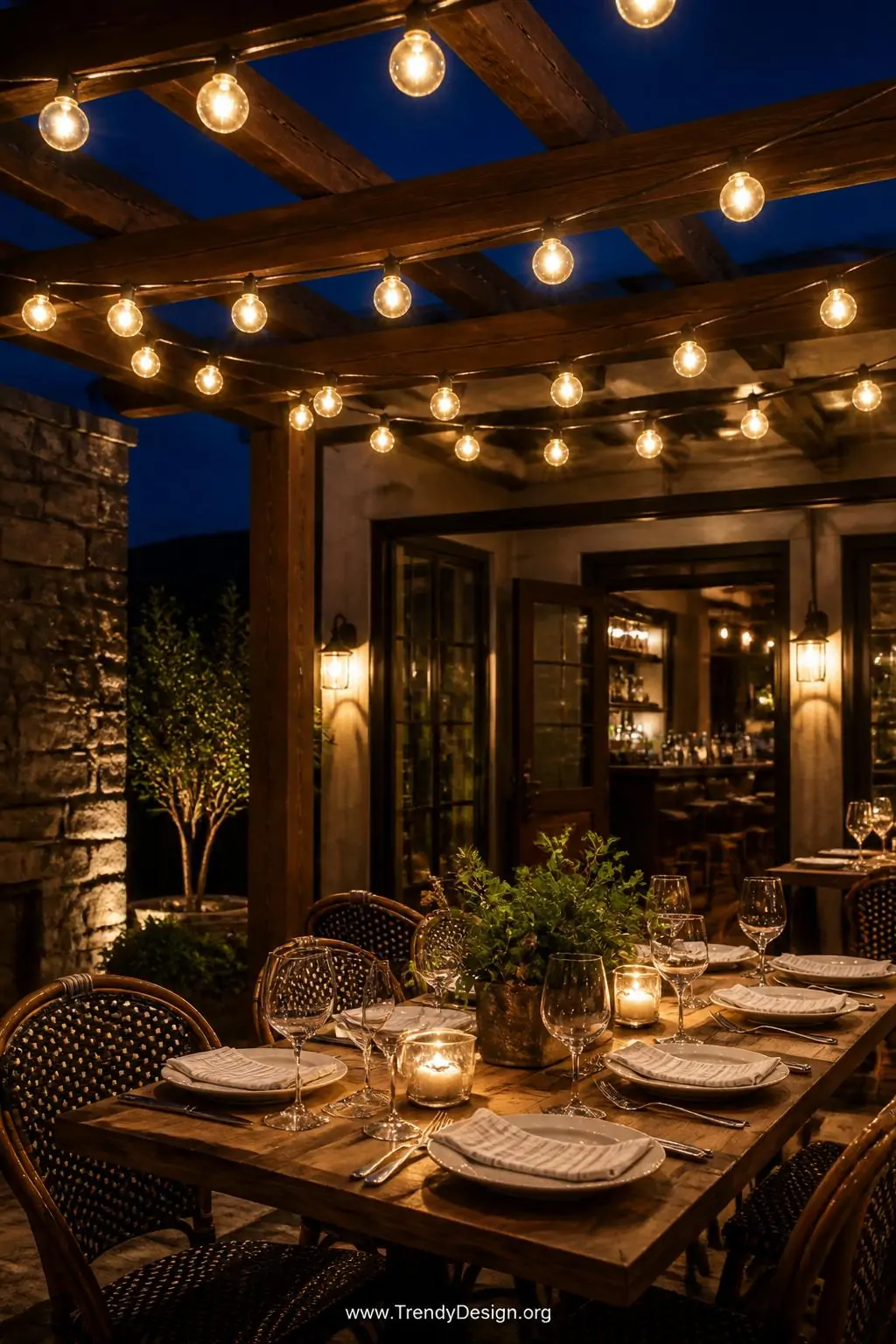 Large globe café-style bulbs strung in loose sagging lines across a pergola with dark stained wooden beams, warm golden light glowing against a deep navy evening sky above a bistro dining table set with linen napkins and wine glasses, wide shot, photorealistic interior design.