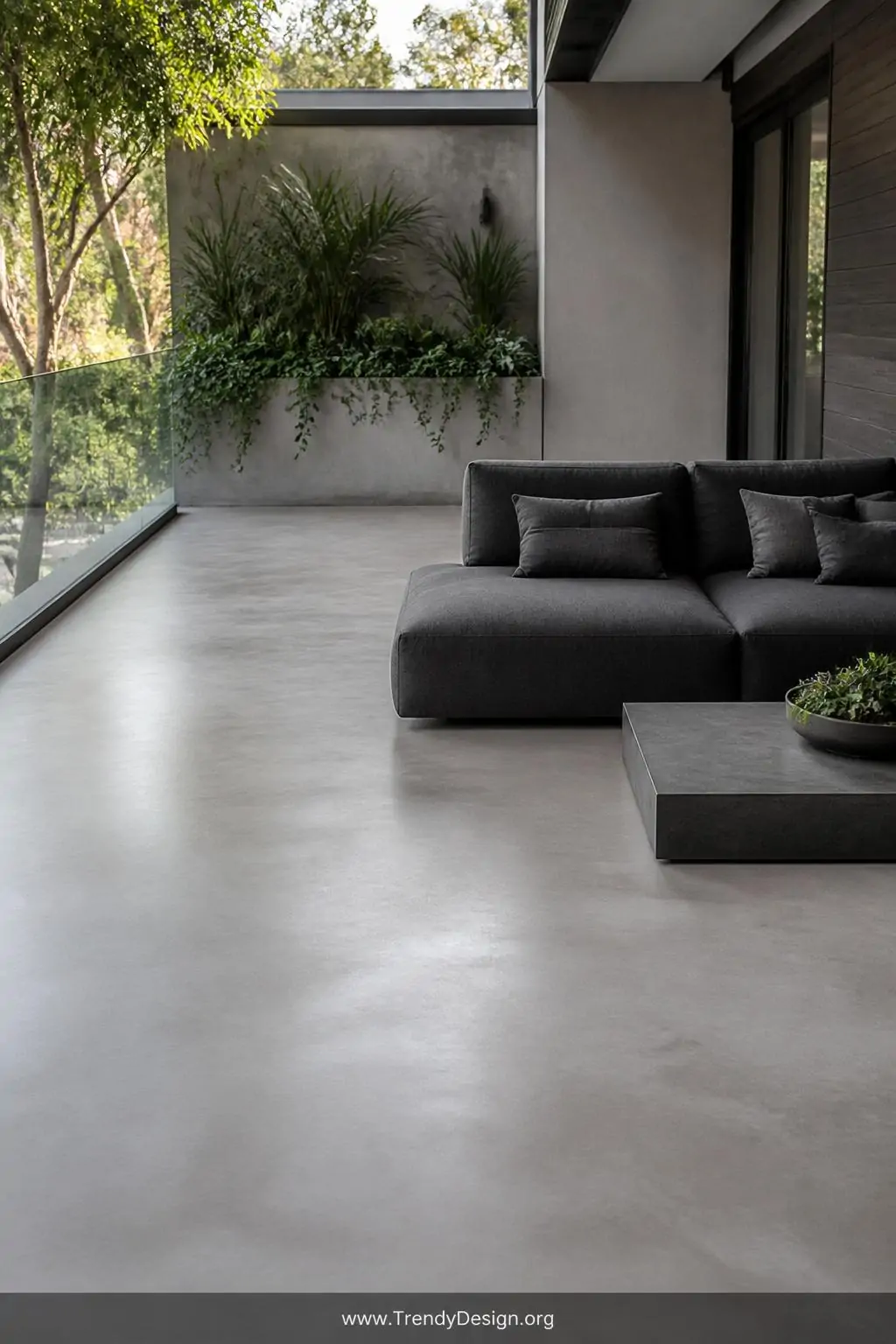 Microcement concrete overlay coating in warm dove gray covering a seamless continuous terrace floor, no grout lines, industrial-chic aesthetic, satin finish reflecting soft diffused light, low modular outdoor sofa in charcoal fabric, concrete planter with architectural foliage, medium shot, photorealistic interior design.