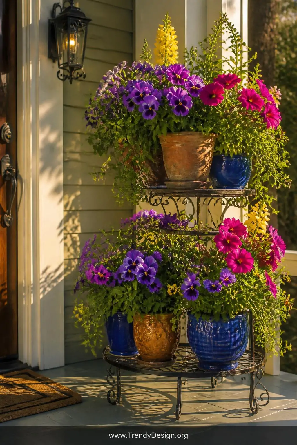Wrought iron three-tiered plant stand loaded with mismatched colorful terracotta and cobalt pots, medium shot, overflowing with violet pansies, magenta petunias, and golden salvia at varying heights, warm late afternoon sunlight casting long dramatic shadows across a painted porch floor, photorealistic vertical garden entryway design.