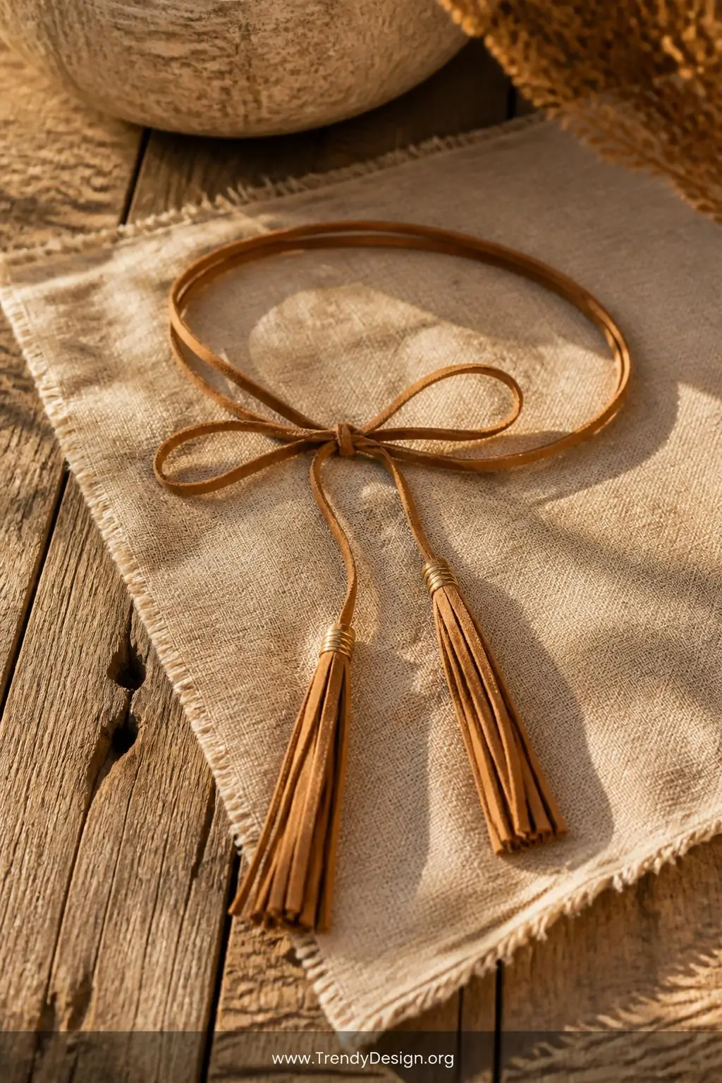 Tan suede cord tassel choker tied in a loose bow across a raw linen fabric swatch on a rustic reclaimed wood surface, warm golden hour light, medium shot emphasizing the fringe texture and earthy tonal palette