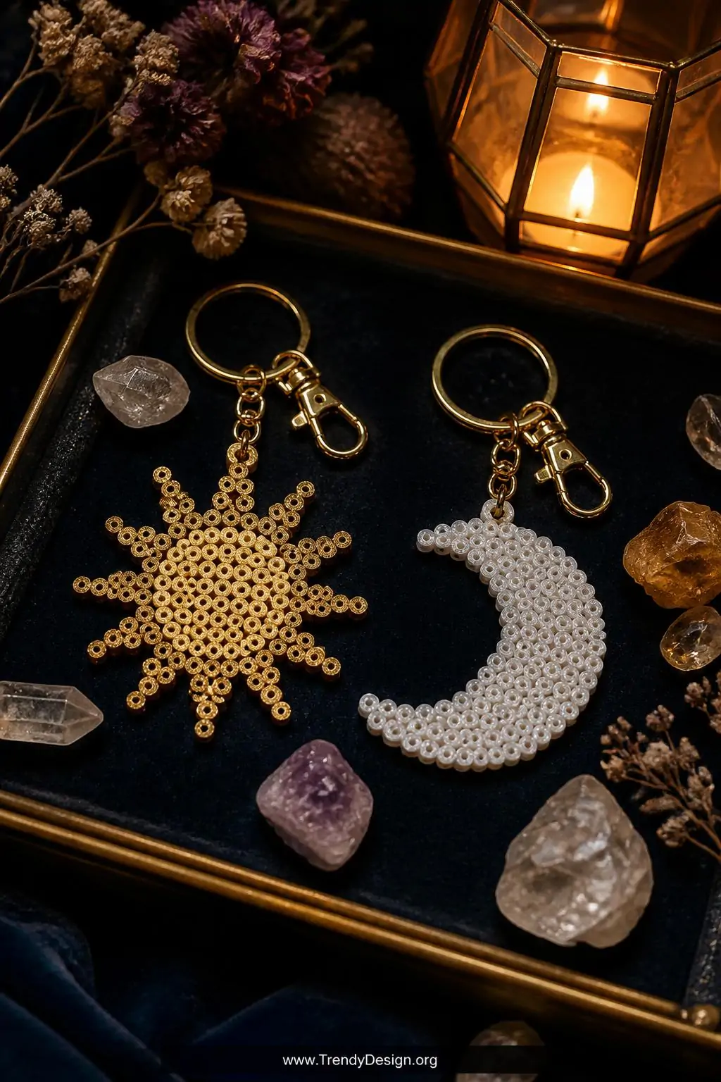 Gold sun and pearl-finish crescent moon Perler bead keychains displayed on a dark velvet jewelry tray surrounded by small crystals and dried flowers, moody candlelight ambiance, deep jewel-toned background, closeup overhead shot