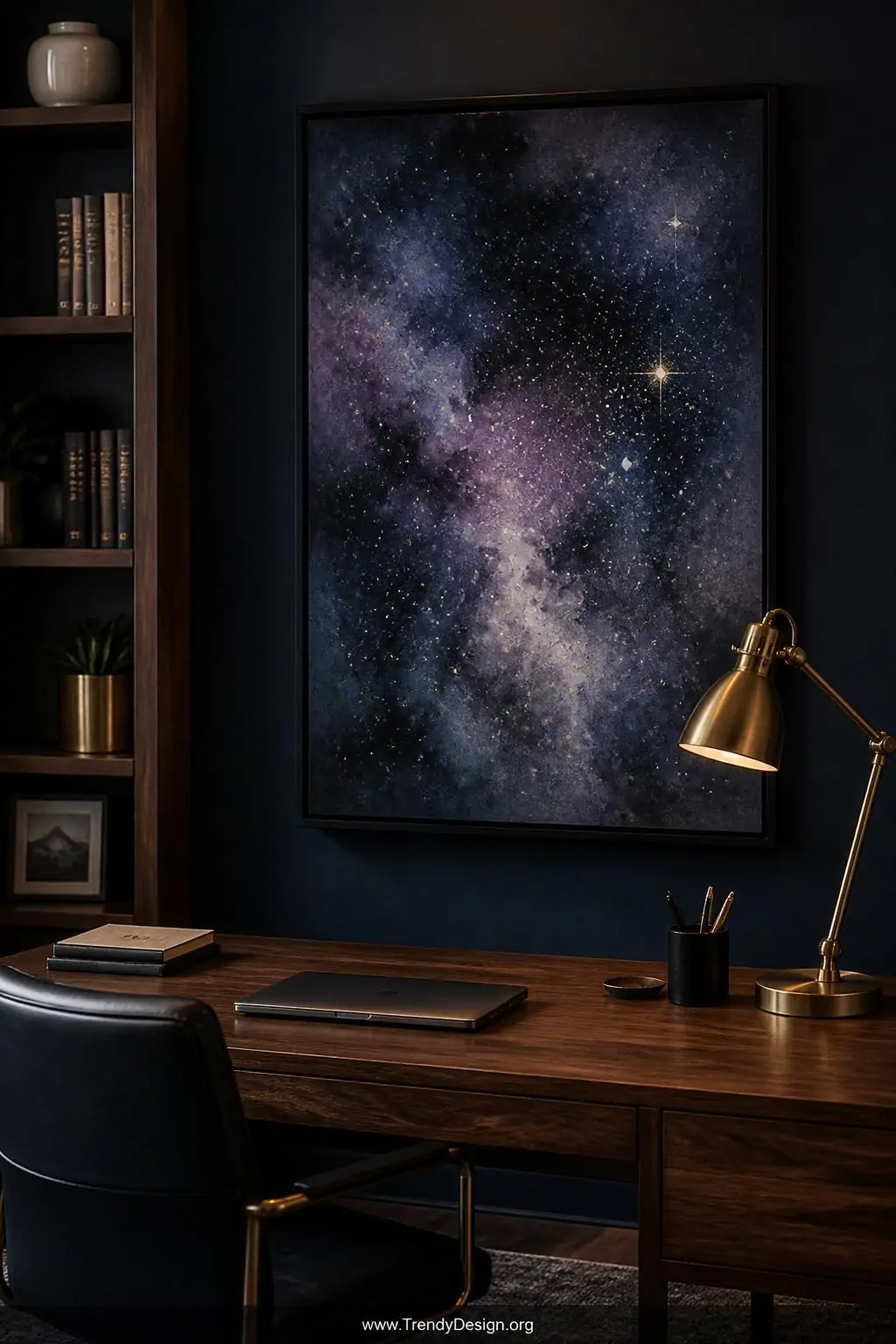A moody home office styled in deep, dramatic tones, featuring a large framed galaxy watercolor painting mounted in a matte bl