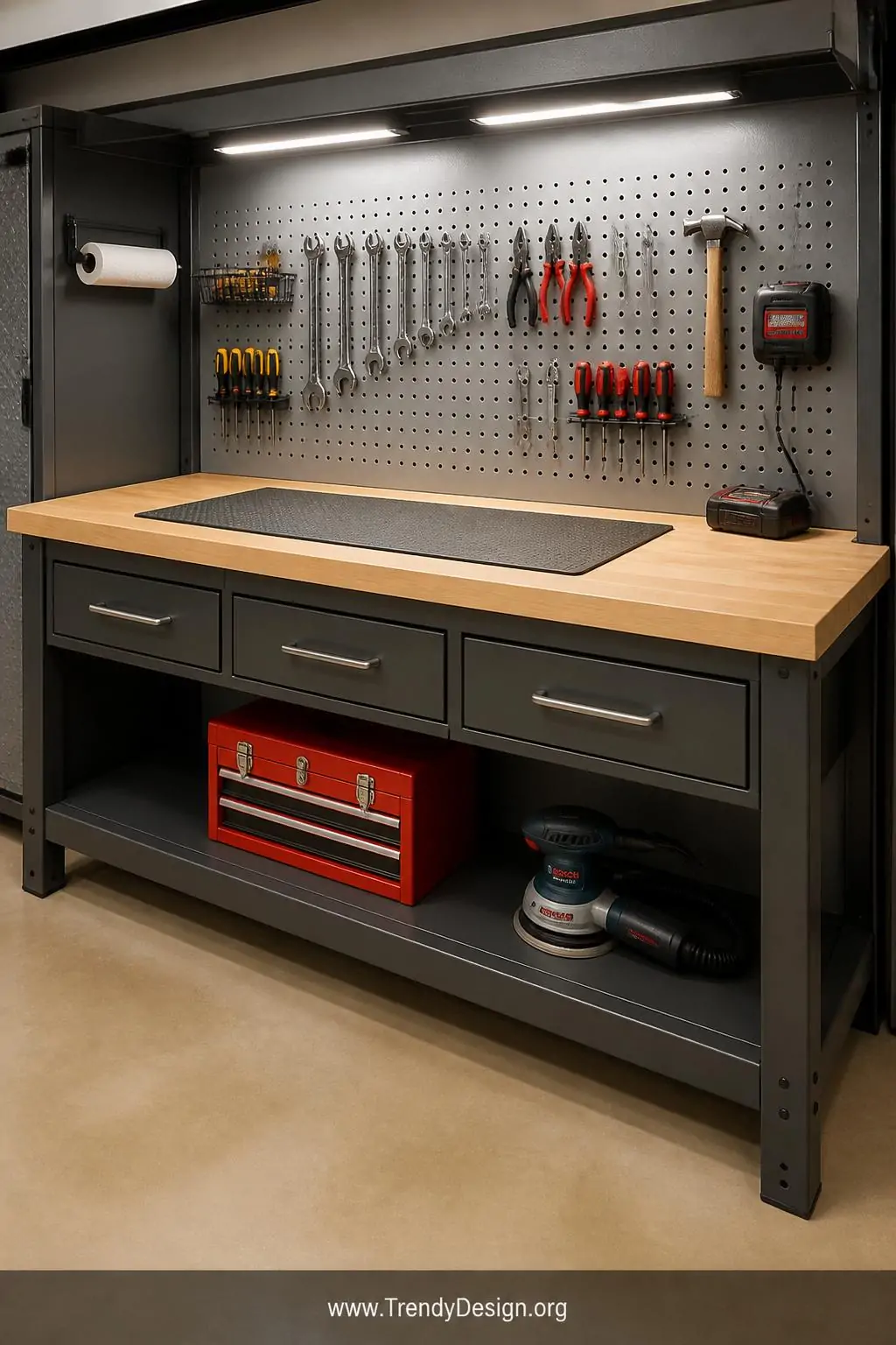 Wide-angle photorealistic interior design shot of a substantial custom garage workbench built from maple butcher-block surfac