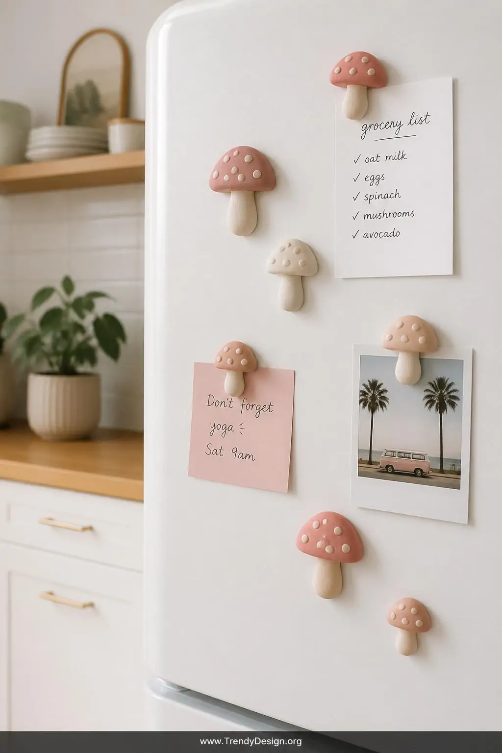 Cluster of flat-backed clay mushroom magnets in a cohesive blush pink and cream color palette arranged on a matte white refrigerator door holding handwritten notes and a printed photo, bright airy kitchen background, closeup shot of fridge surface, photorealistic interior design