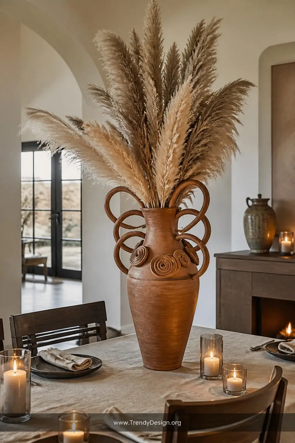 Tall decorative clay vase with dramatic looping sculptural handles and coil rosette details holding dried pampas grass on a linen-draped dining table centerpiece, warm candlelight, medium shot