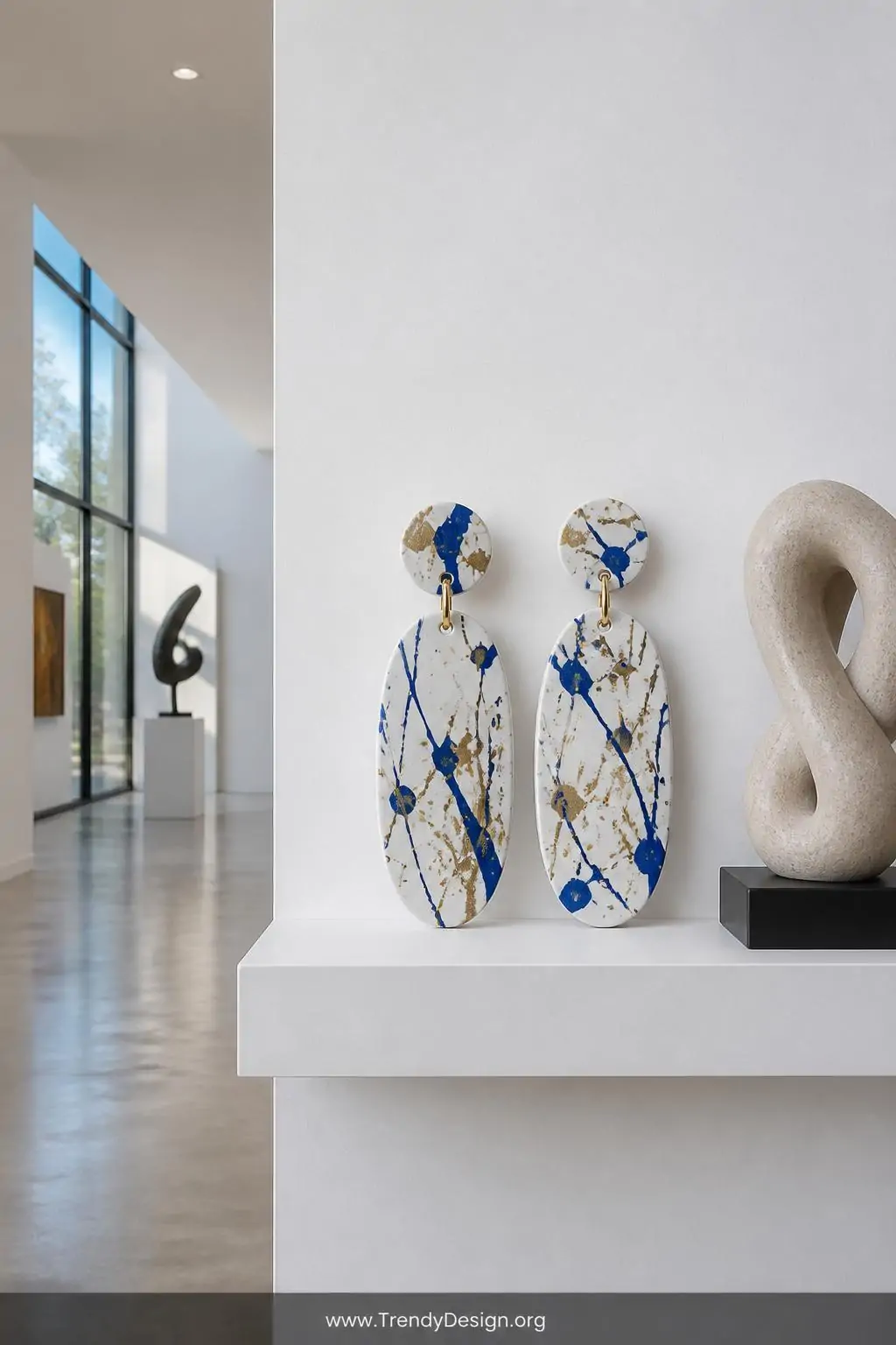 Abstract splatter-paint drop earrings in white clay with flicked cobalt and gold acrylic accents displayed against a white gallery wall on a minimalist floating shelf beside a small modern sculpture, cool natural daylight, high-gloss resin top coat gleaming, wide architectural interior shot.