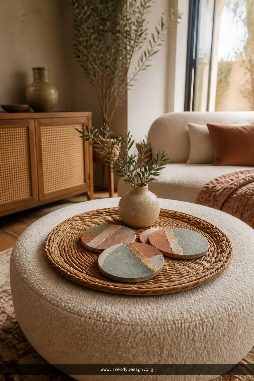Painted concrete coasters featuring bold terracotta and sage green color-blocked brushstrokes with a metallic gold center stripe, arranged on a rattan tray atop a cream boucle ottoman in a warm bohemian living room, wide shot with soft natural window light washing across the matte surfaces.