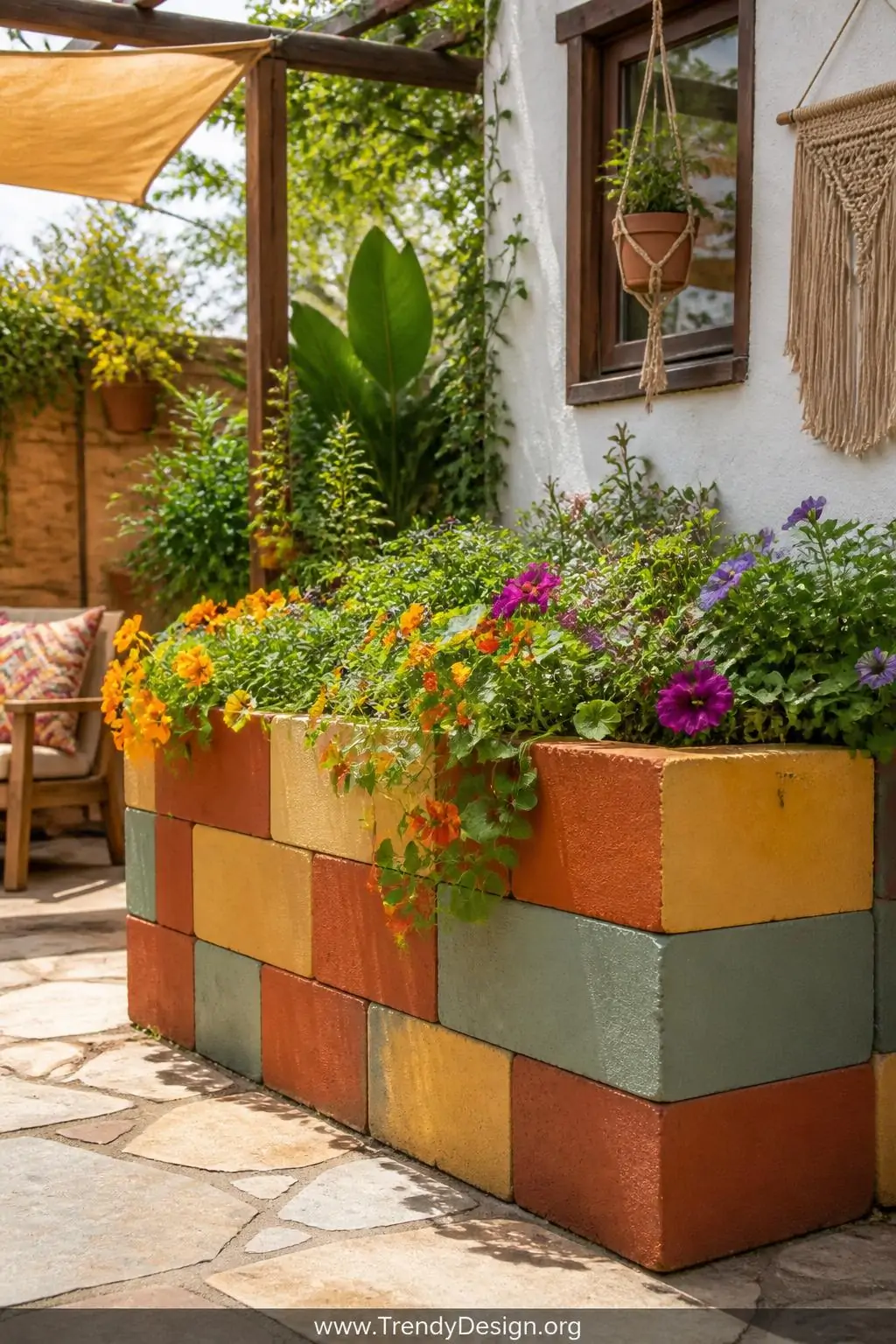 Painted concrete block raised garden bed on a boho backyard patio, eclectic colorful style, alternating blocks painted in deep terracotta, dusty sage green, and warm mustard yellow creating a geometric patchwork pattern, vibrant trailing nasturtiums and purple petunias spilling over the top, bright midday sunlight, medium shot