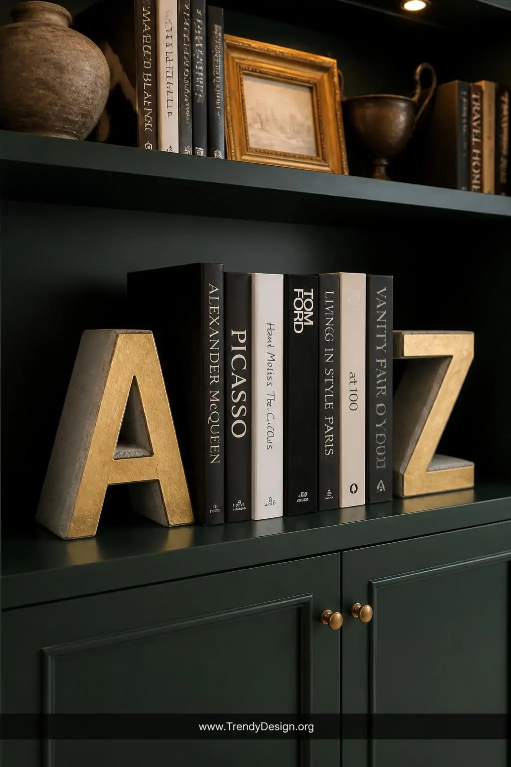 Oversized concrete initial letter bookends cast in raw gray with brushed gold metallic paint highlighting the letterforms, holding a curated row of art books on a dark emerald green painted built-in bookcase, sophisticated eclectic home library with warm recessed ceiling lighting, medium shot emphasizing the personalized sculptural detail.
