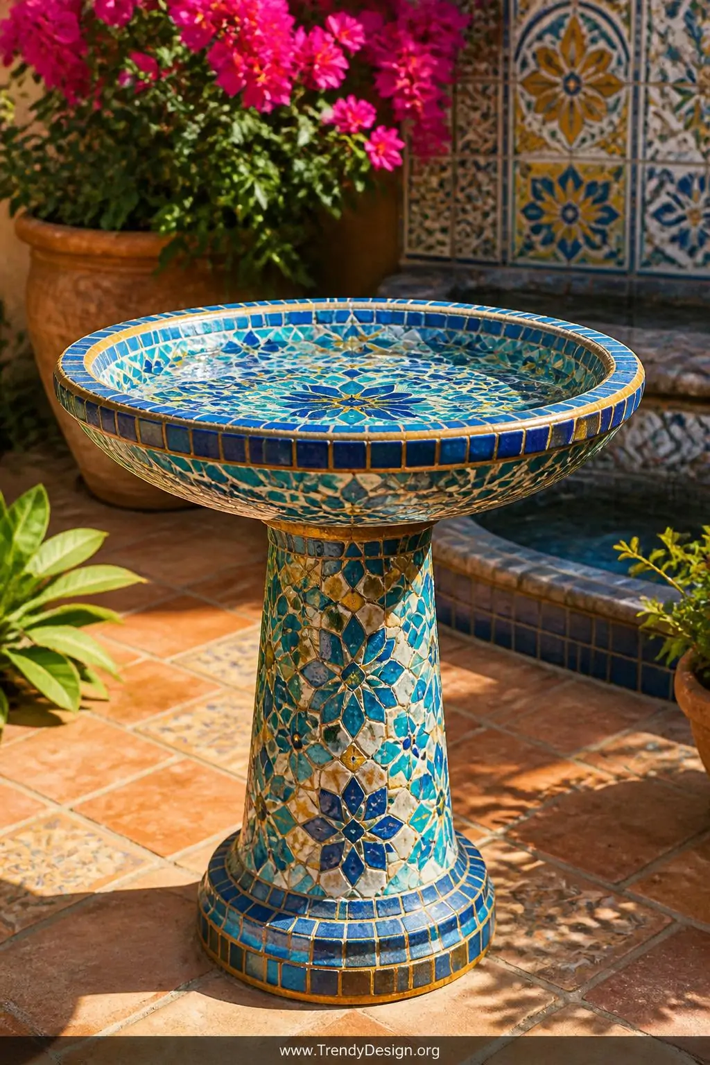 Mosaic-tiled concrete bird bath with vibrant blue turquoise and golden ceramic tiles arranged in intricate Mediterranean geometric patterns covering the basin and pedestal, colorful garden patio setting, Moroccan style, grout lines catching warm afternoon sunlight and creating sparkling reflections across the tile surface, medium shot showing full decorative detail.