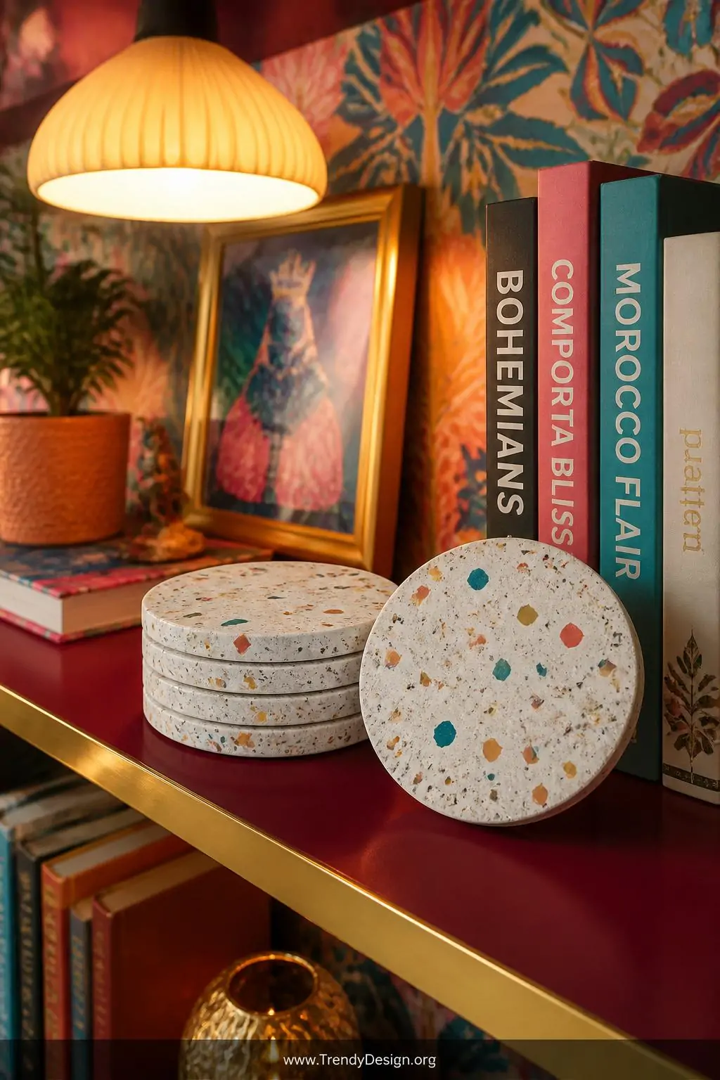 Terrazzo-style concrete coasters flecked with chips of coral, teal, and mustard glass scattered across a colorful maximalist shelving unit, vibrant eclectic interior with bold patterned wallpaper and warm overhead pendant lighting, closeup shot showing the flush polished chip inlays against speckled concrete.