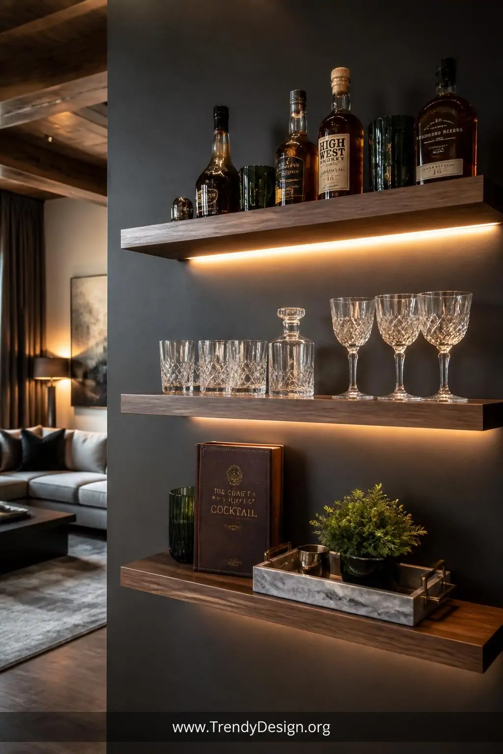 A wide photorealistic interior shot of a sophisticated living room bar wall featuring three dark walnut floating shelves stag