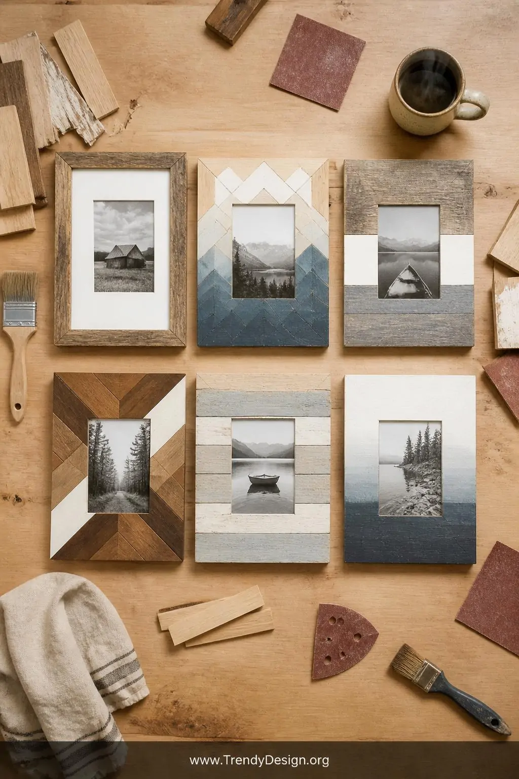 Flat lay of all six completed DIY wooden frames arranged on a light oak studio worktable surrounded by wood scraps, sandpaper sheets, paint brushes, and a steaming coffee mug, soft diffused overhead workshop lighting illuminating every texture from rough barn wood to smooth painted ombre strips, wide overhead shot.