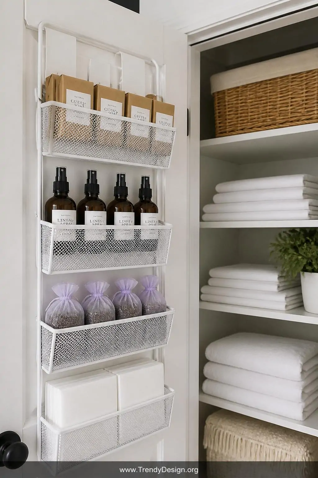 Medium wide shot of the inside of a linen closet door fitted with a white metal over-the-door pocket organizer holding neatly