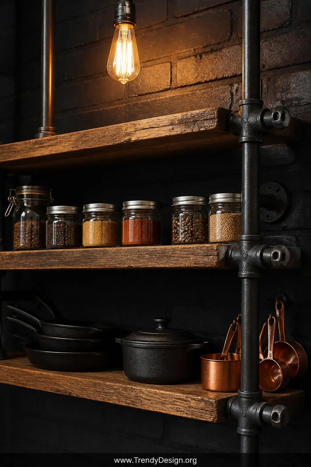 A close-up photorealistic interior shot of a raw industrial kitchen shelf system built from thick reclaimed walnut planks res