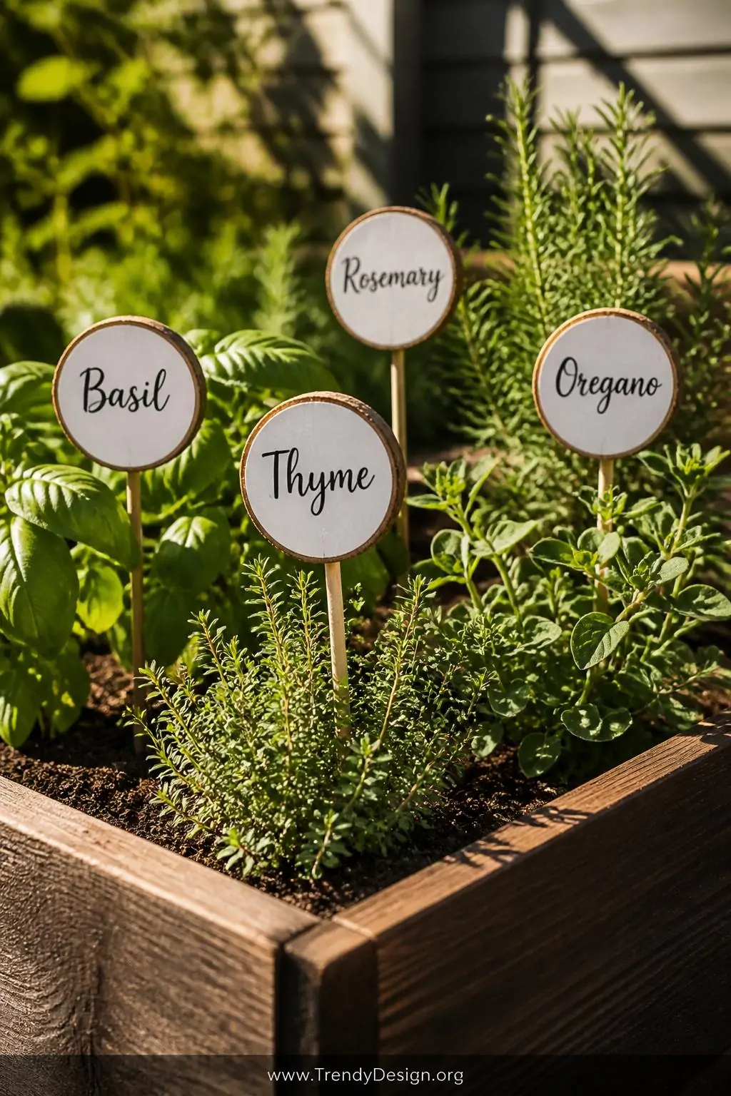 Closeup shot of a sunlit raised garden bed featuring small round wood slice plant markers on wooden skewers, white-painted fa