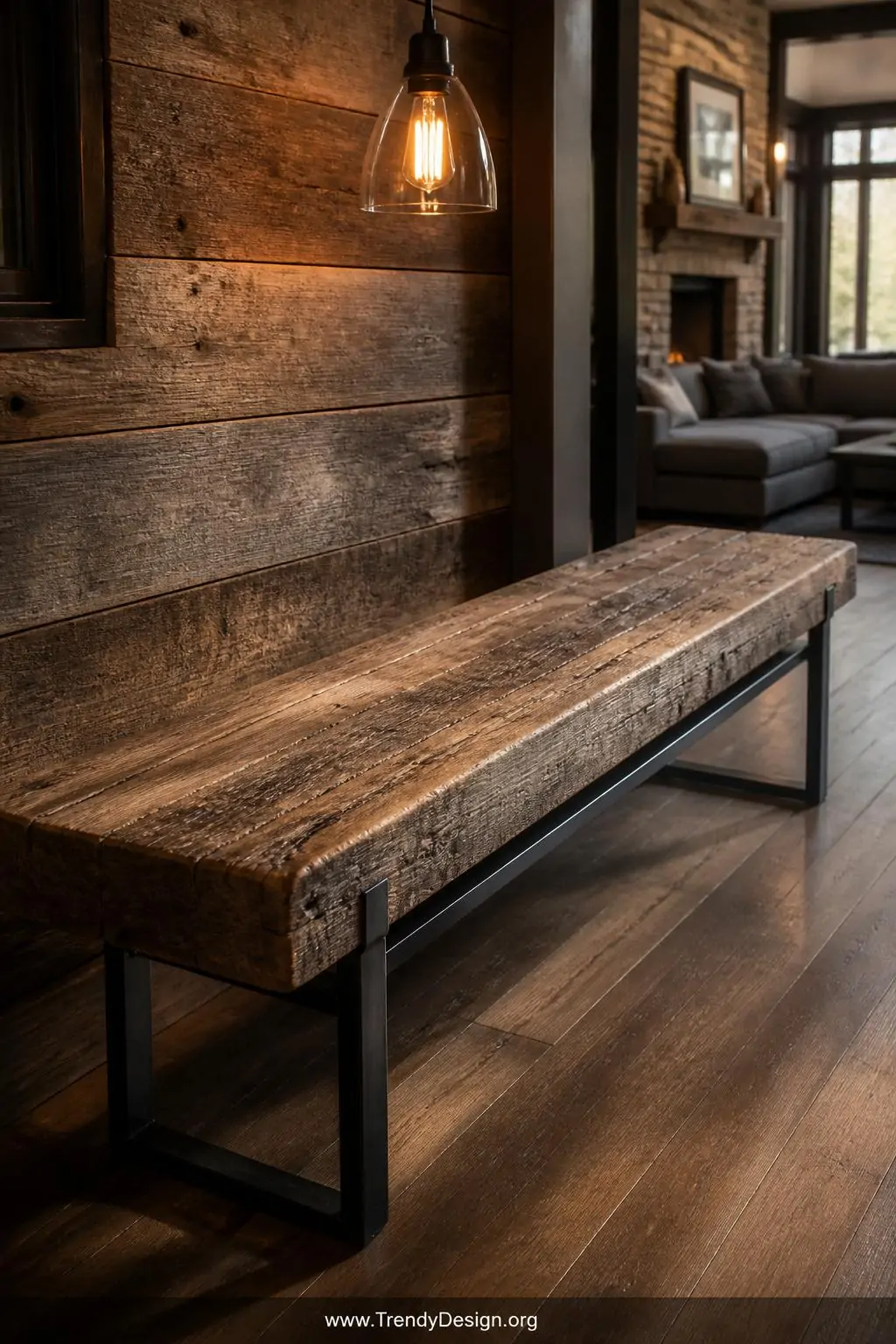 Closeup wide shot of a reclaimed wood bench inside a rustic modern living space, seat constructed from salvaged barn timber p