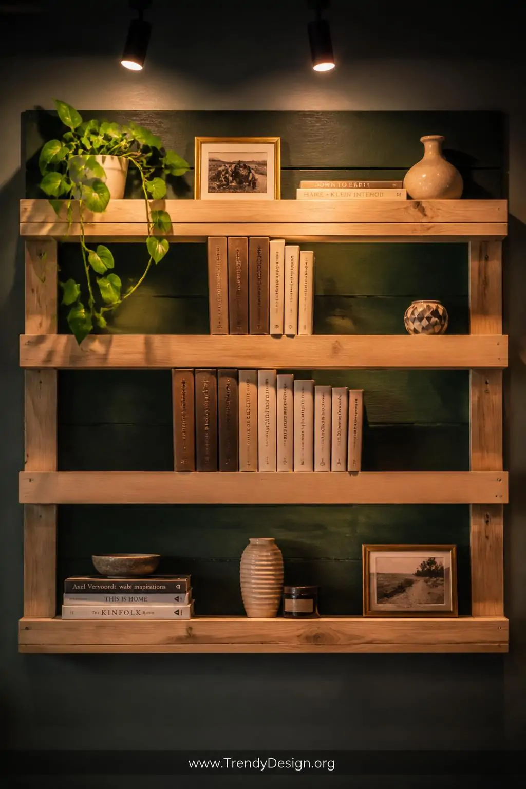 Closeup shot of a wall-mounted horizontal pallet bookshelf painted with a deep forest green back panel, the natural wood slat