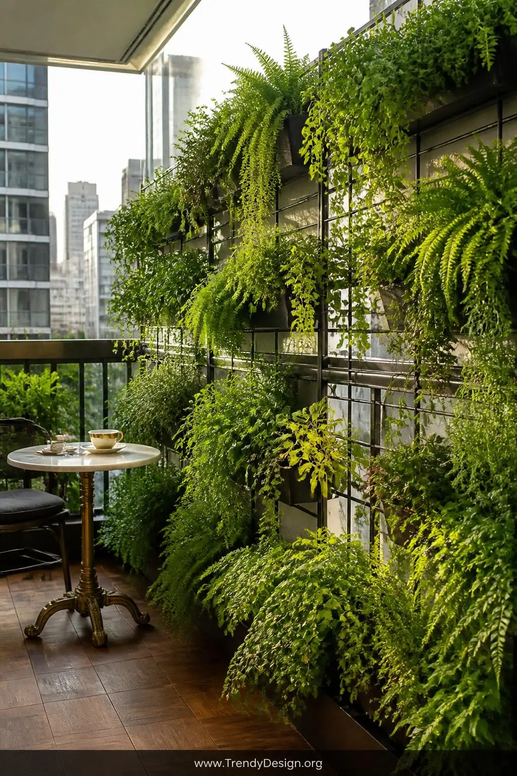 A lush wide shot of a modern urban balcony where modular vertical planter systems mounted along the entire railing framework