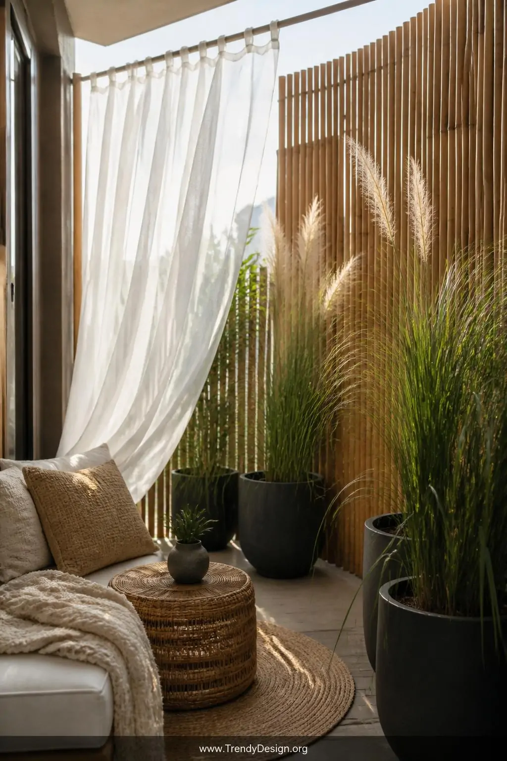 Wide shot of a small balcony enclosed with natural honey-toned bamboo privacy screens and sheer white outdoor linen curtains 