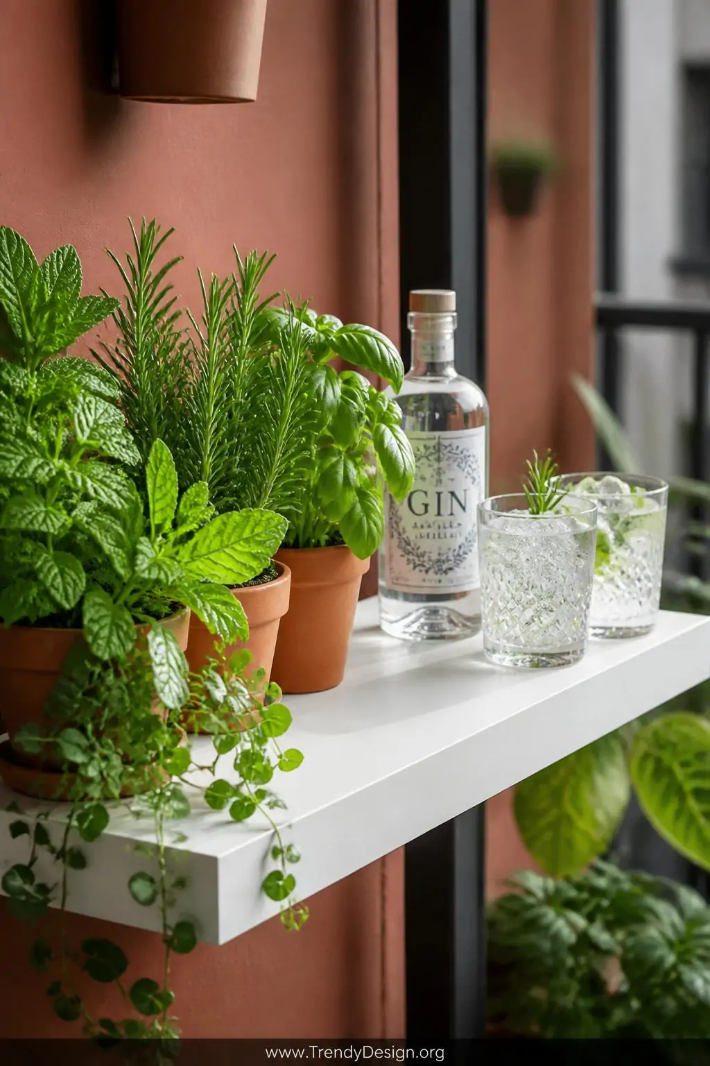 Medium shot of a narrow white-painted floating console shelf serving as a balcony plant bar, small terracotta pots of lush mi