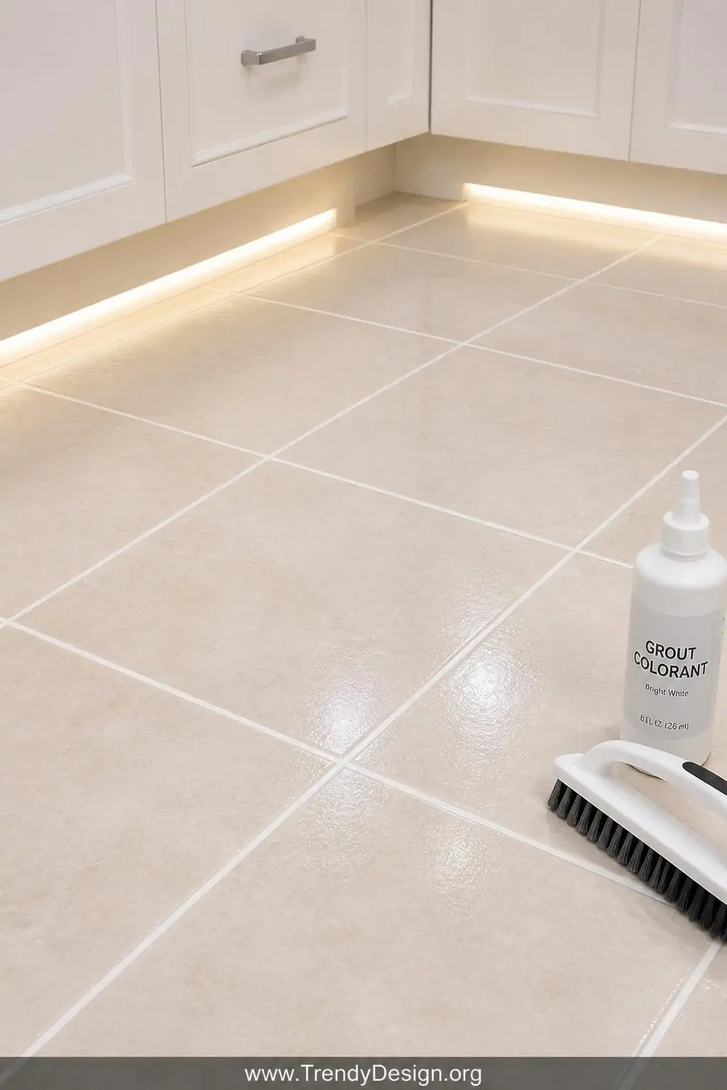 Closeup photorealistic shot of existing cream ceramic kitchen floor tiles with freshly applied bright white grout colorant fi