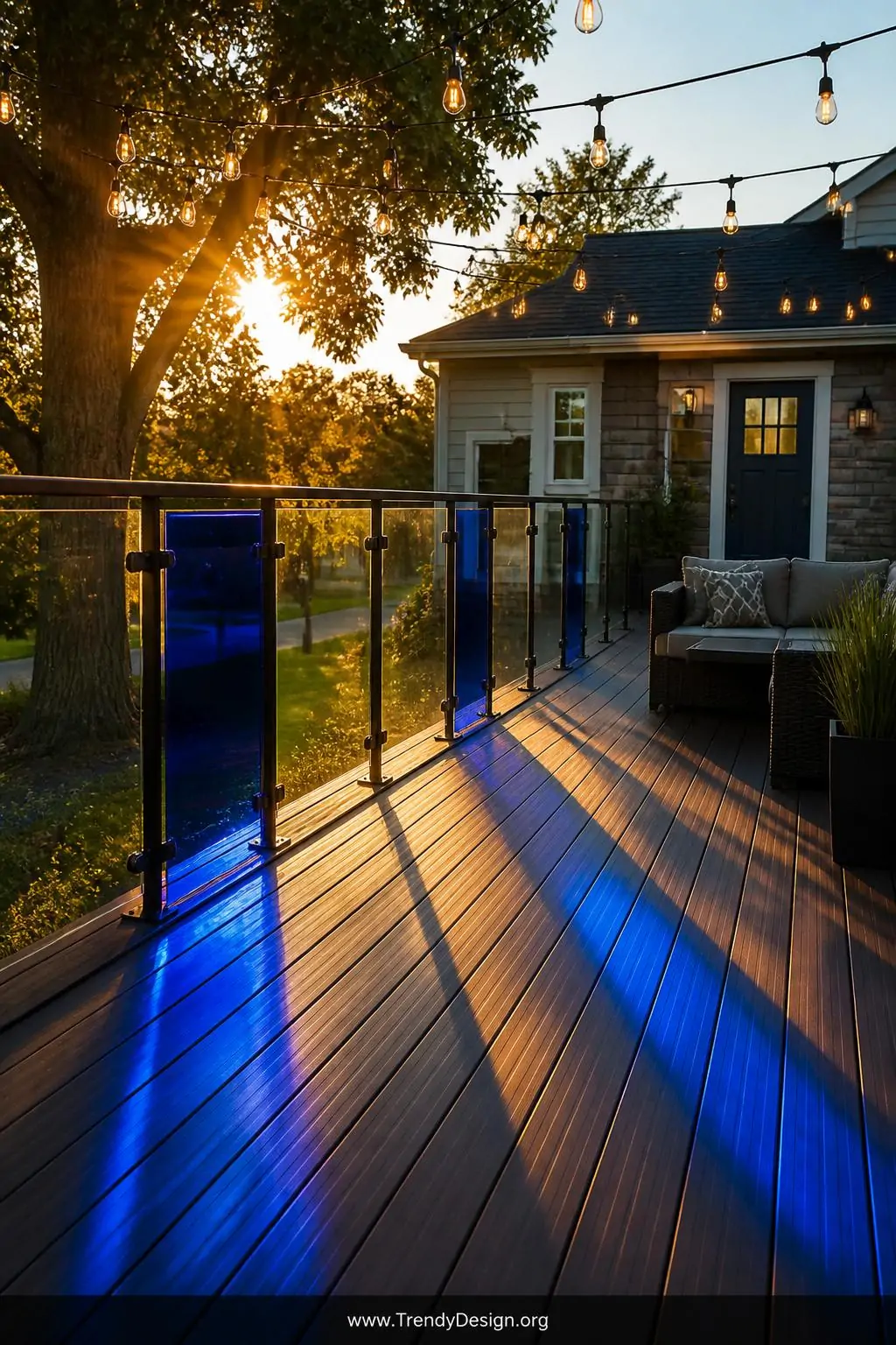 Wide photorealistic late-afternoon deck scene featuring clear plexiglass railing panels interspersed with two jewel-toned sap