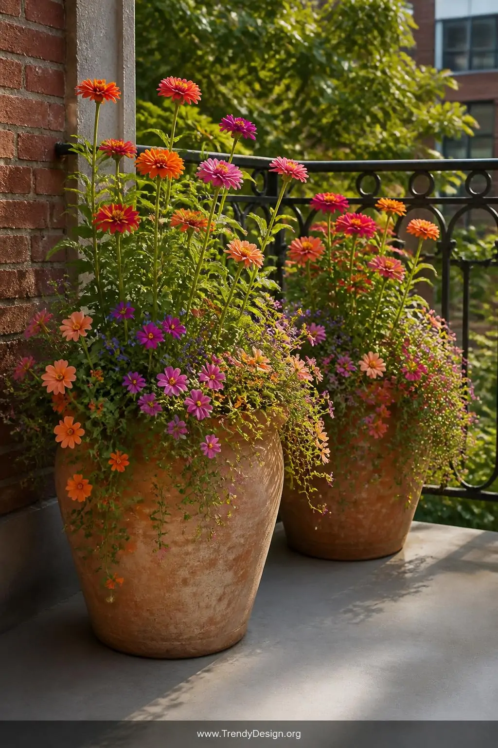 Medium photorealistic shot of an apartment balcony corner featuring two oversized weathered terracotta pots overflowing with 