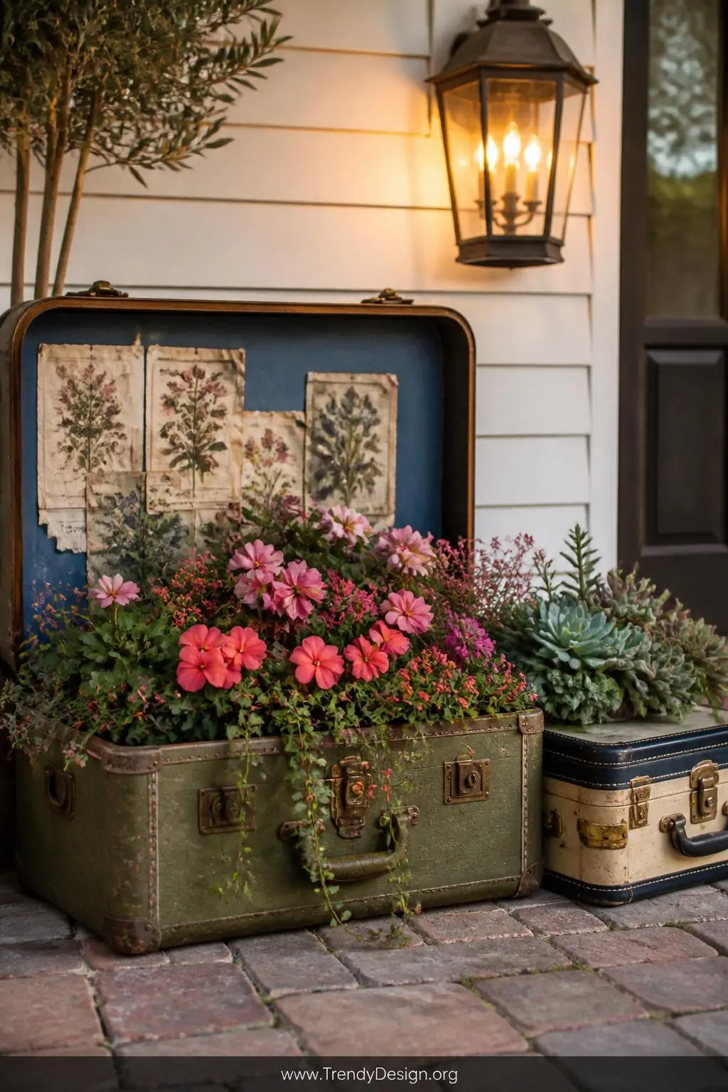 A wide entryway porch shot featuring a weathered olive-green hard-shell vintage suitcase propped fully open on aged brick pav
